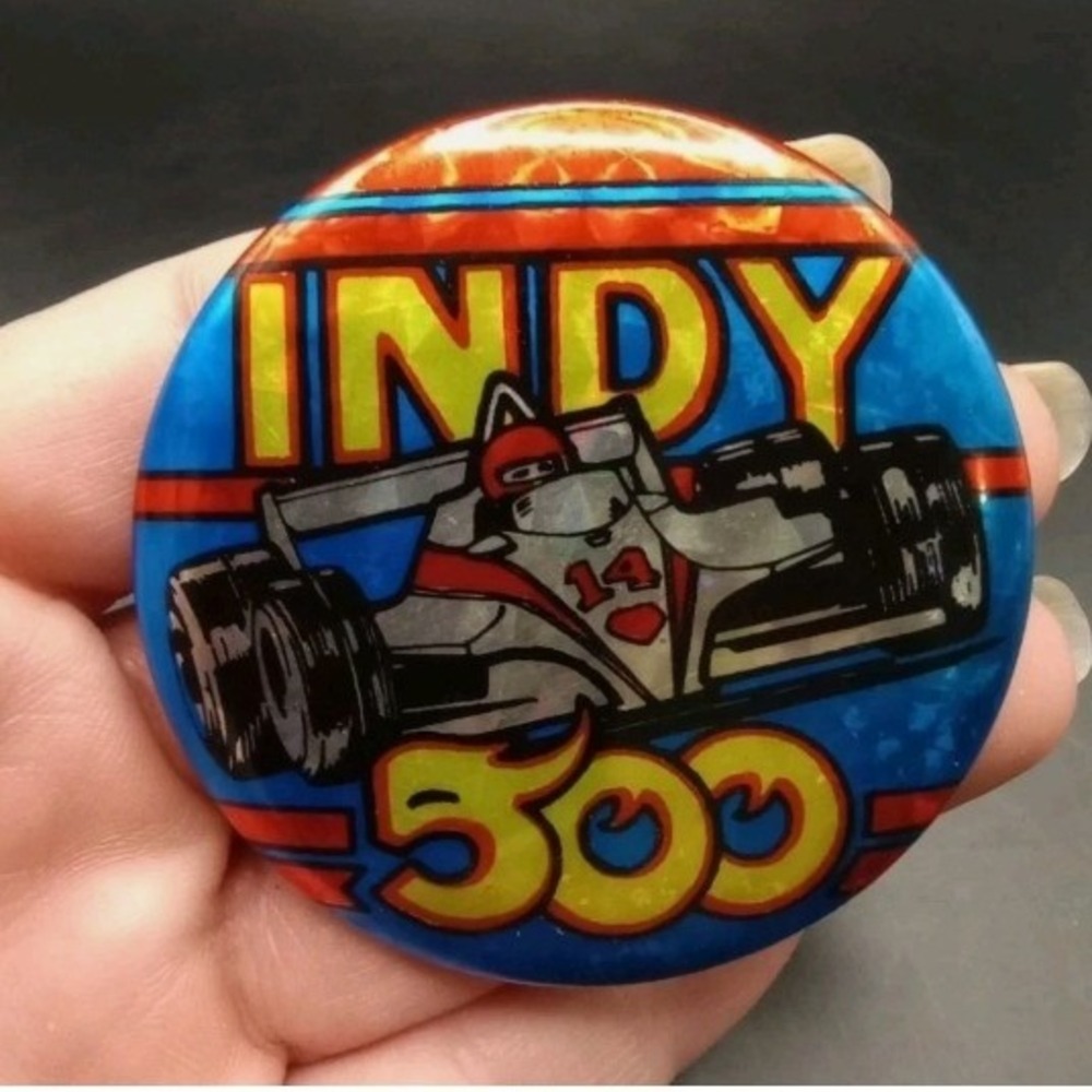 Vintage Indy 500 Race Car Pinback Button Blue Yellow Red Racing Memorabilia